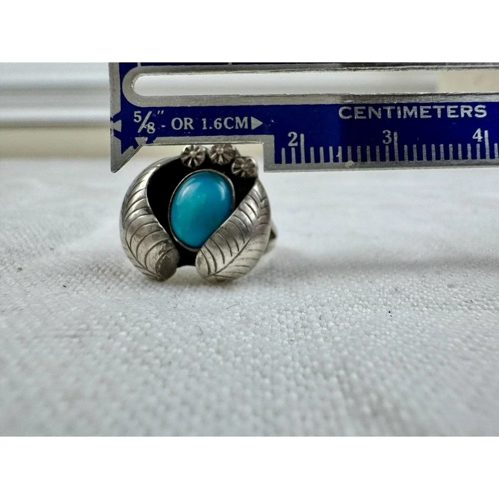 VTG Navajo Sterling Silver Turquoise Leaf Feather Ring Sz6 Old Pawn Southwestern
